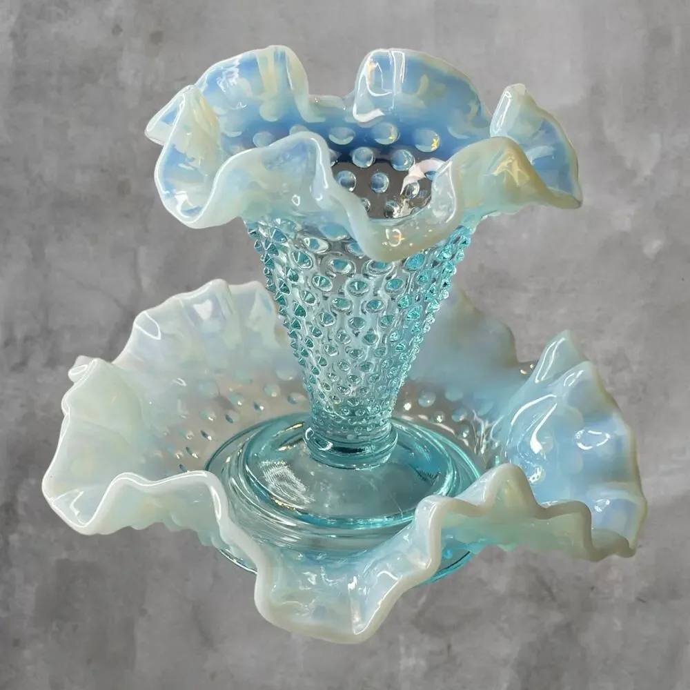 Vtg Fenton Opalescent Blue Hobnail 2-Piece Epergne Trumpet Flower Vase Pre 1970s
